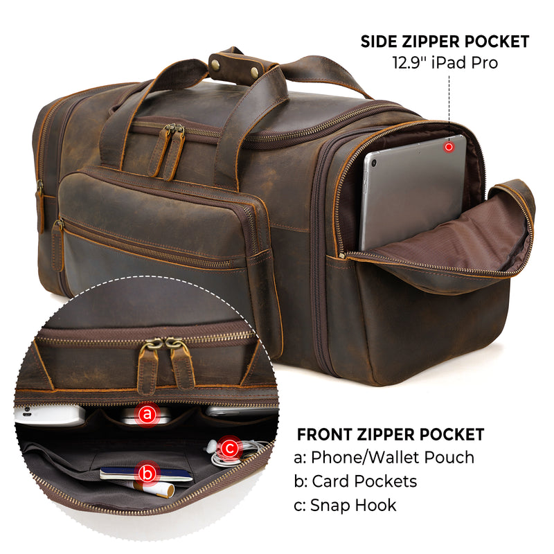 Polare 23'' Expandable to 28'' Full Grain Cowhide Leather Travel Duffle Bag (Details)