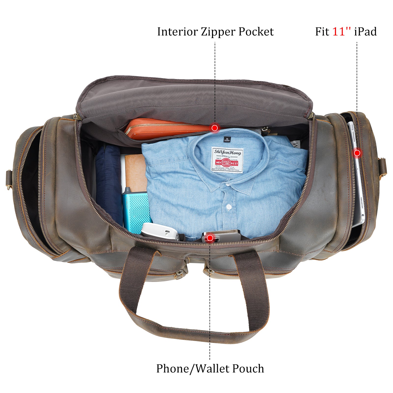 Polare 23" Full Grain Cowhide Leather Travel Duffle Bag (Inside)