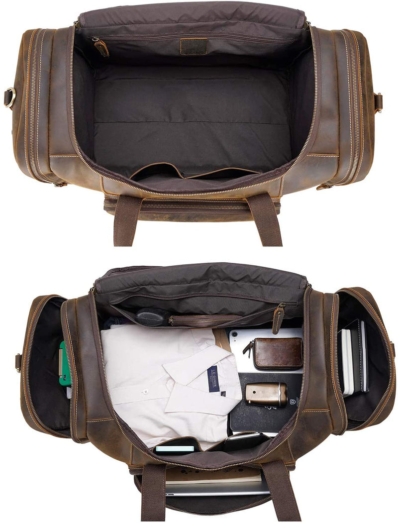 Polare 23" Full Grain Leather Gym Weekender Luggage Bag (Brown,Inside)