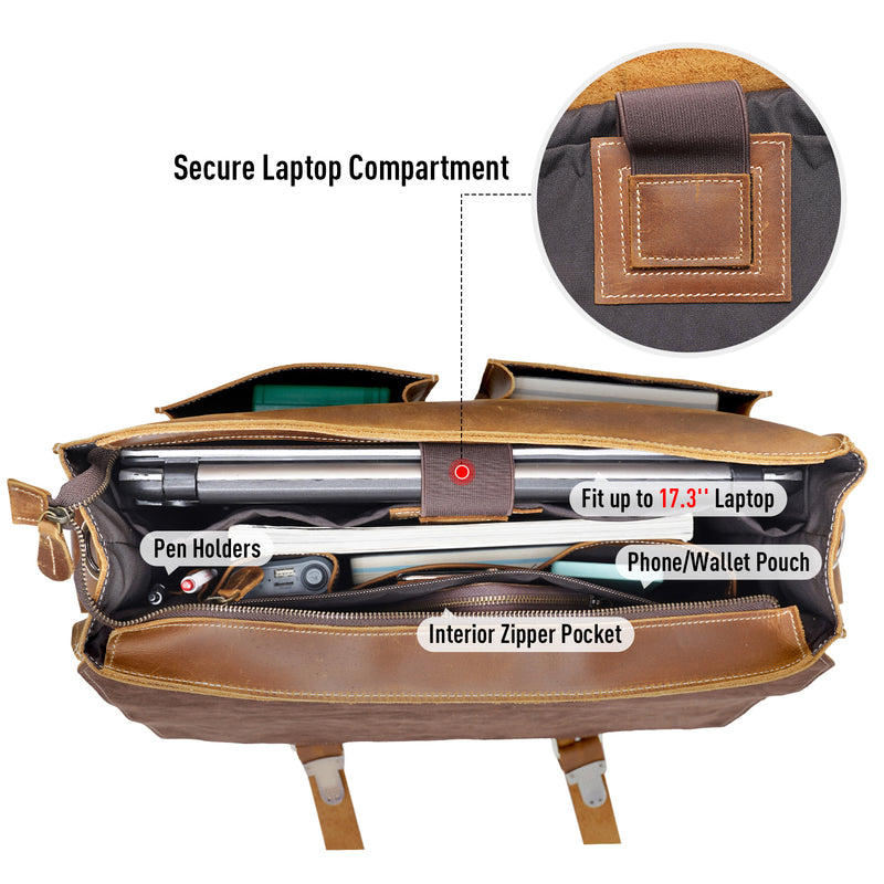 Polare Mens Leather Laptop Briefcase Business Messenger Bag (Light Brown, Inside)
