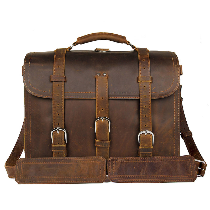Polare 16" Full Grain Leather Briefcase Shoulder Messenger Bag (Brown, Front)