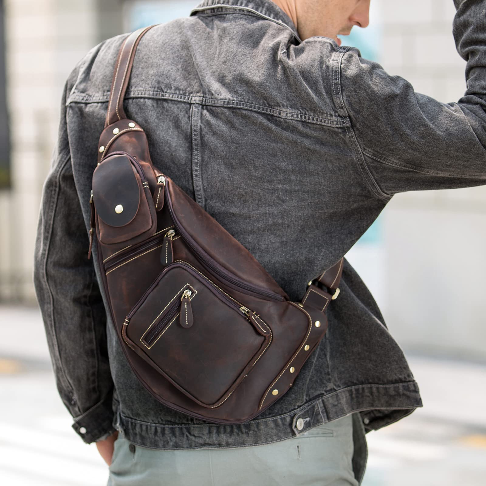 Men's Genuine Leather Medium Cross Body Shoulder Messenger Bag - Black