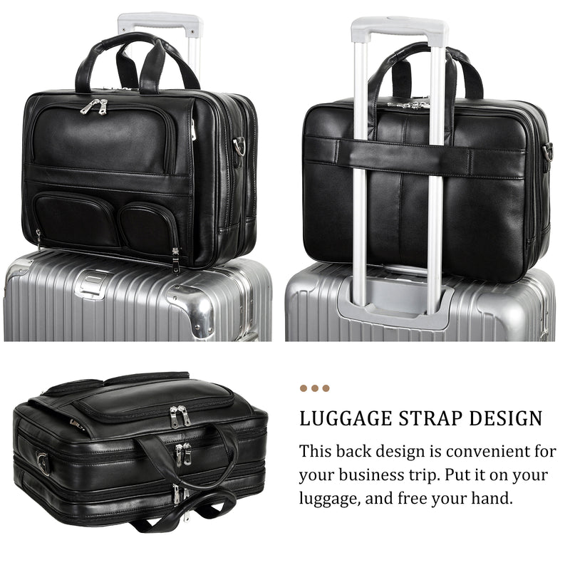 Polare Cowhide Leather 17'' Laptop Large Black Briefcase for Men Business Messenger Bag Work Bag