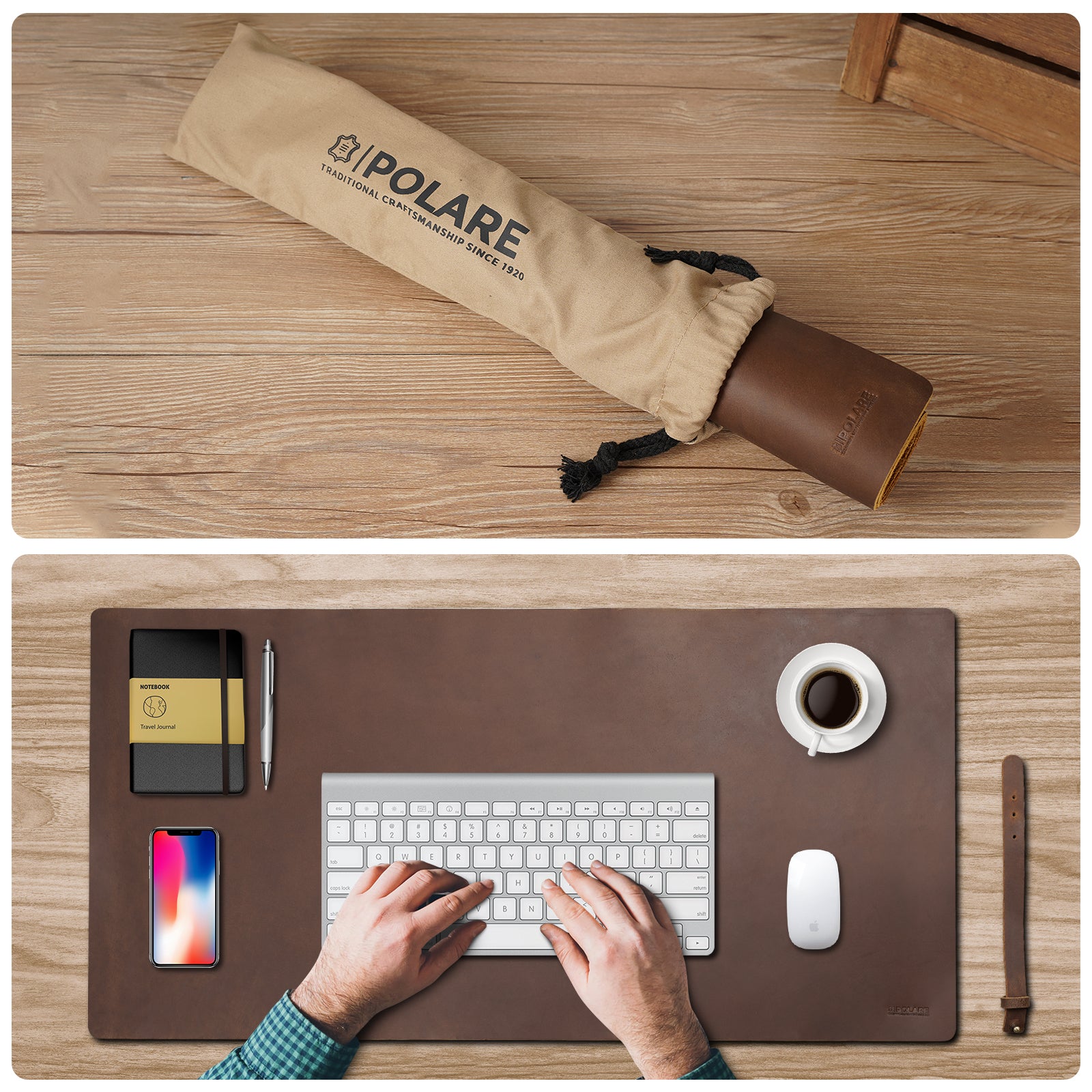 Polare 2mm Thick Large Full Grain Leather Desk Pad Protector (Dark Brown)