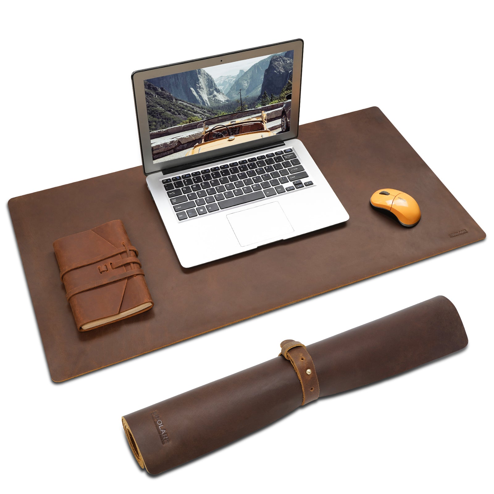 Polare 2mm Thick Large Full Grain Leather Desk Pad Protector (Dark Brown)