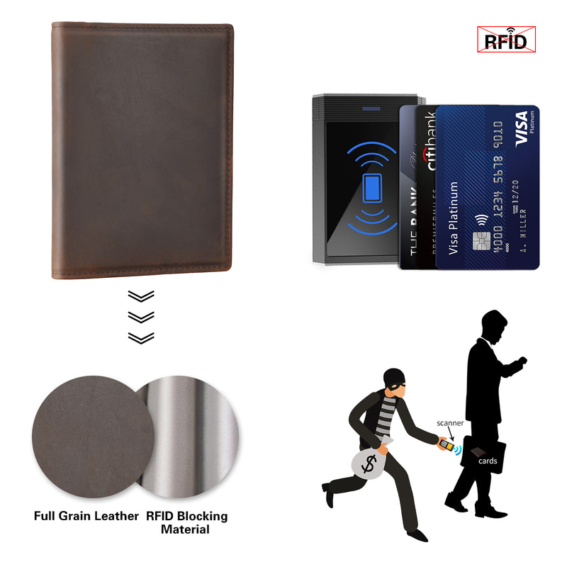Polare RFID Blocking Leather Passport Holder Travel Bifold Wallet (Dark Brown,RFID Blocking)