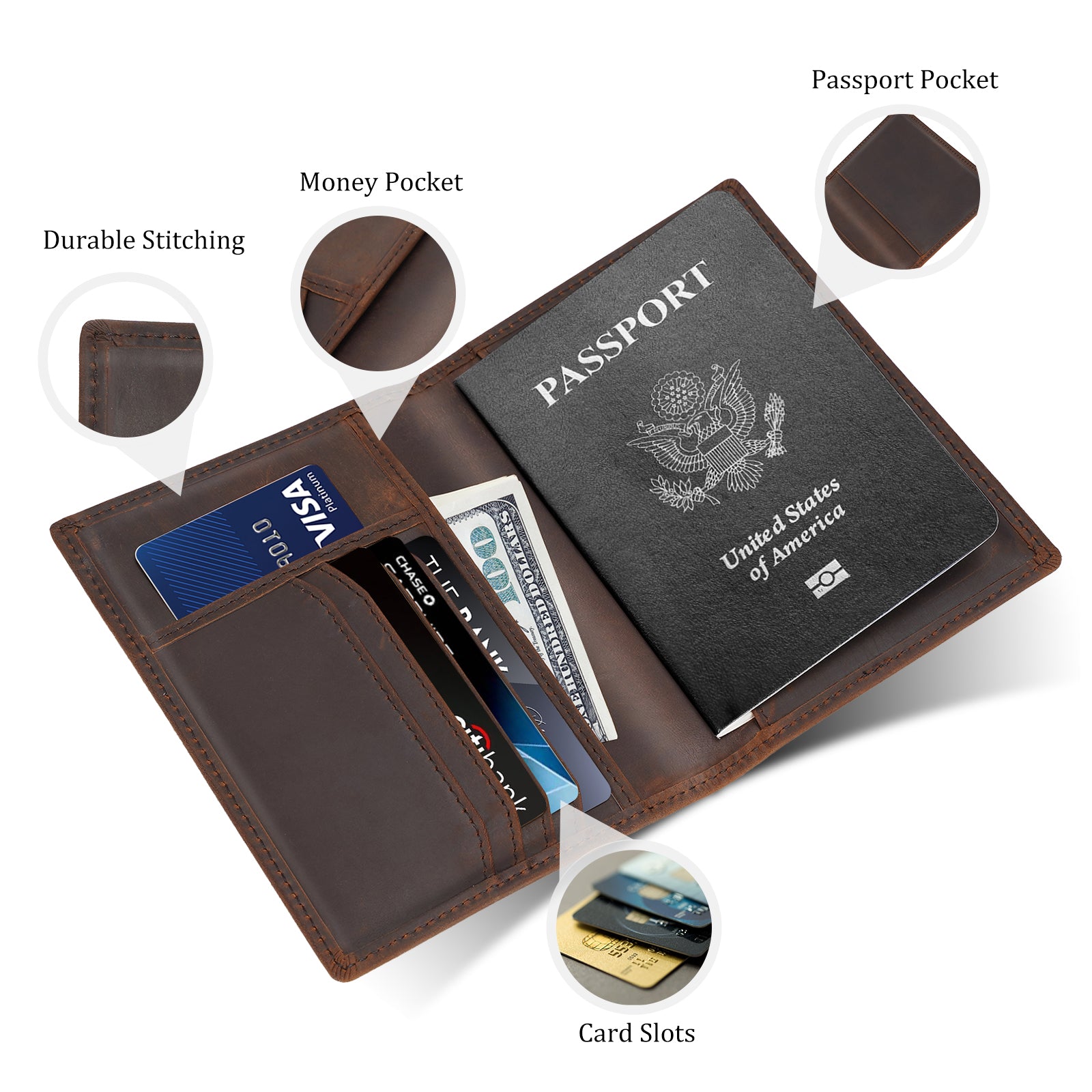 Polare Full Grain Leather Passport Holder RFID Blocking Travel Bifold Wallet Passport Holders 2 Passports Dark Brown