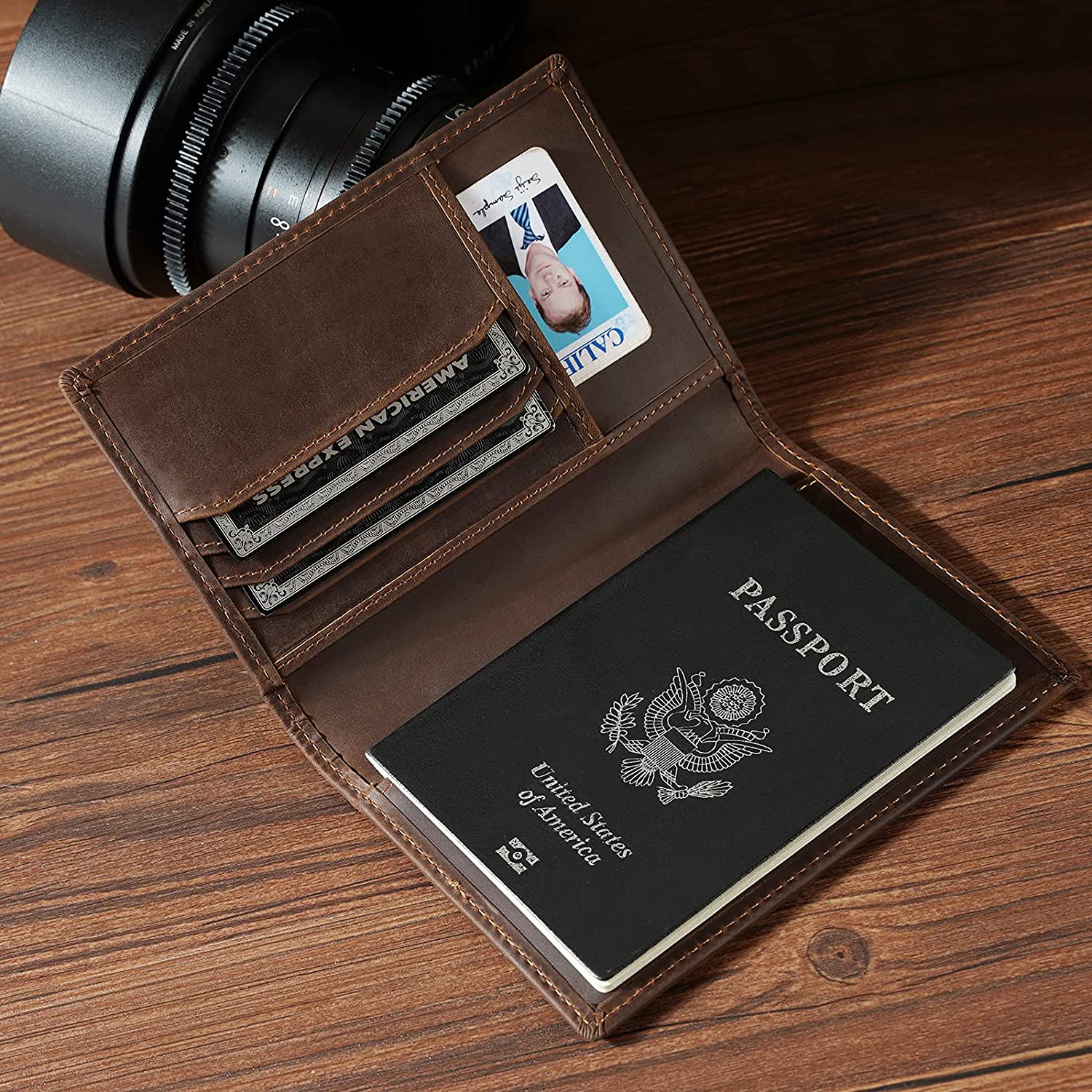 Leather Passport Wallet for Men, Slim Bifold Card with RFID Blocker