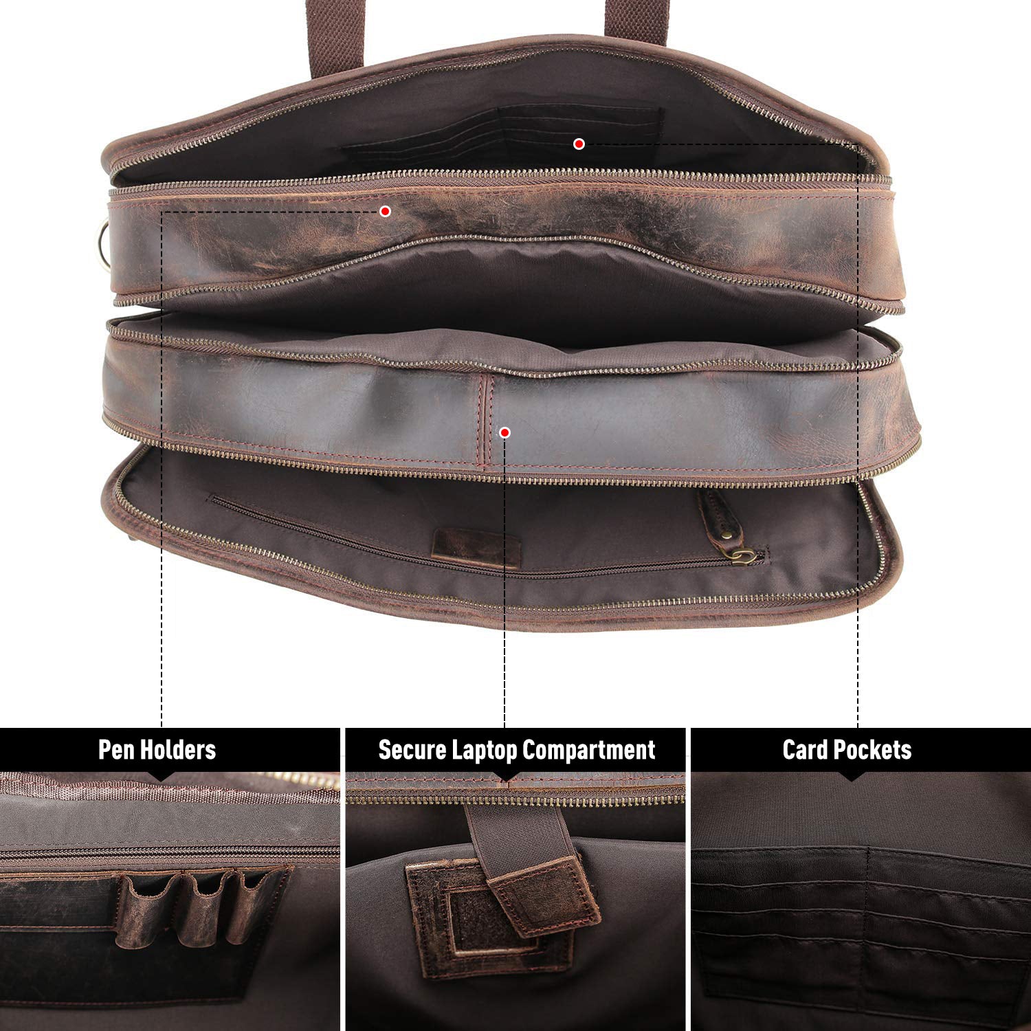Polare 17" Modern Messenger Bag Laptop Briefcase (Dark Brown, Inside)