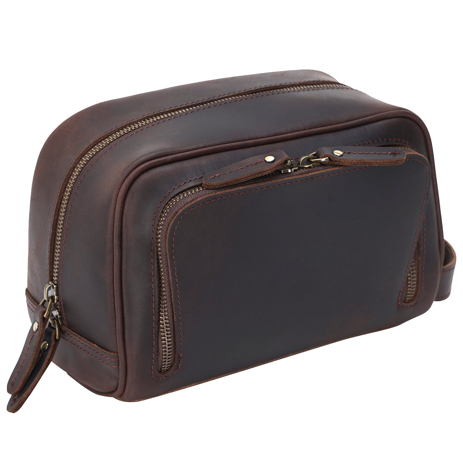 Polare Vintage Full Grain Leather Handmade Travel Toiletry Bag (Dark Brown, Front)