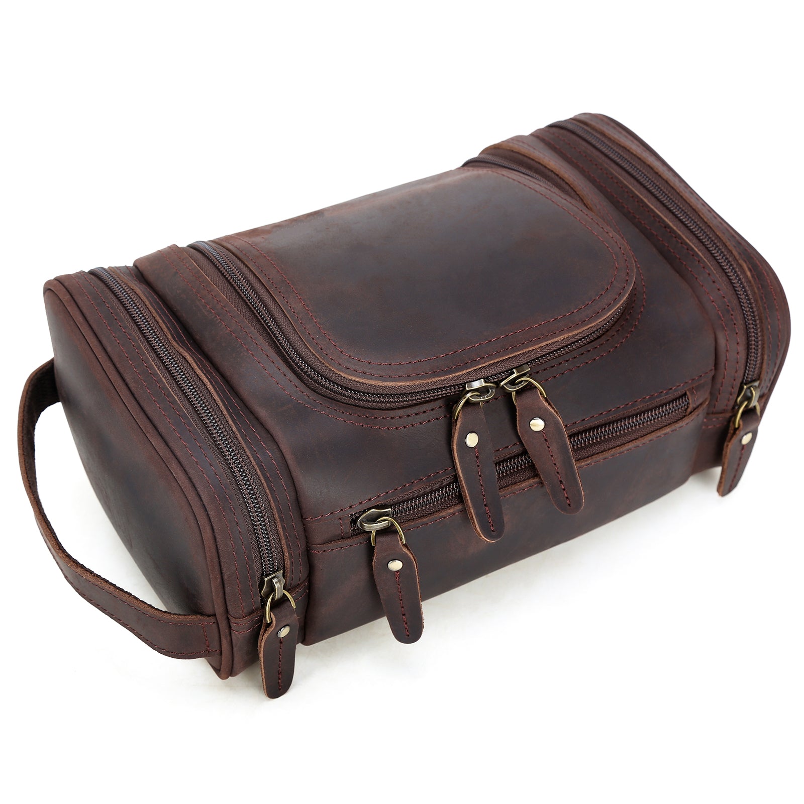 Polare Toiletry Bag Full Grain Leather Travel Case Wash Bag (Dark Brown)