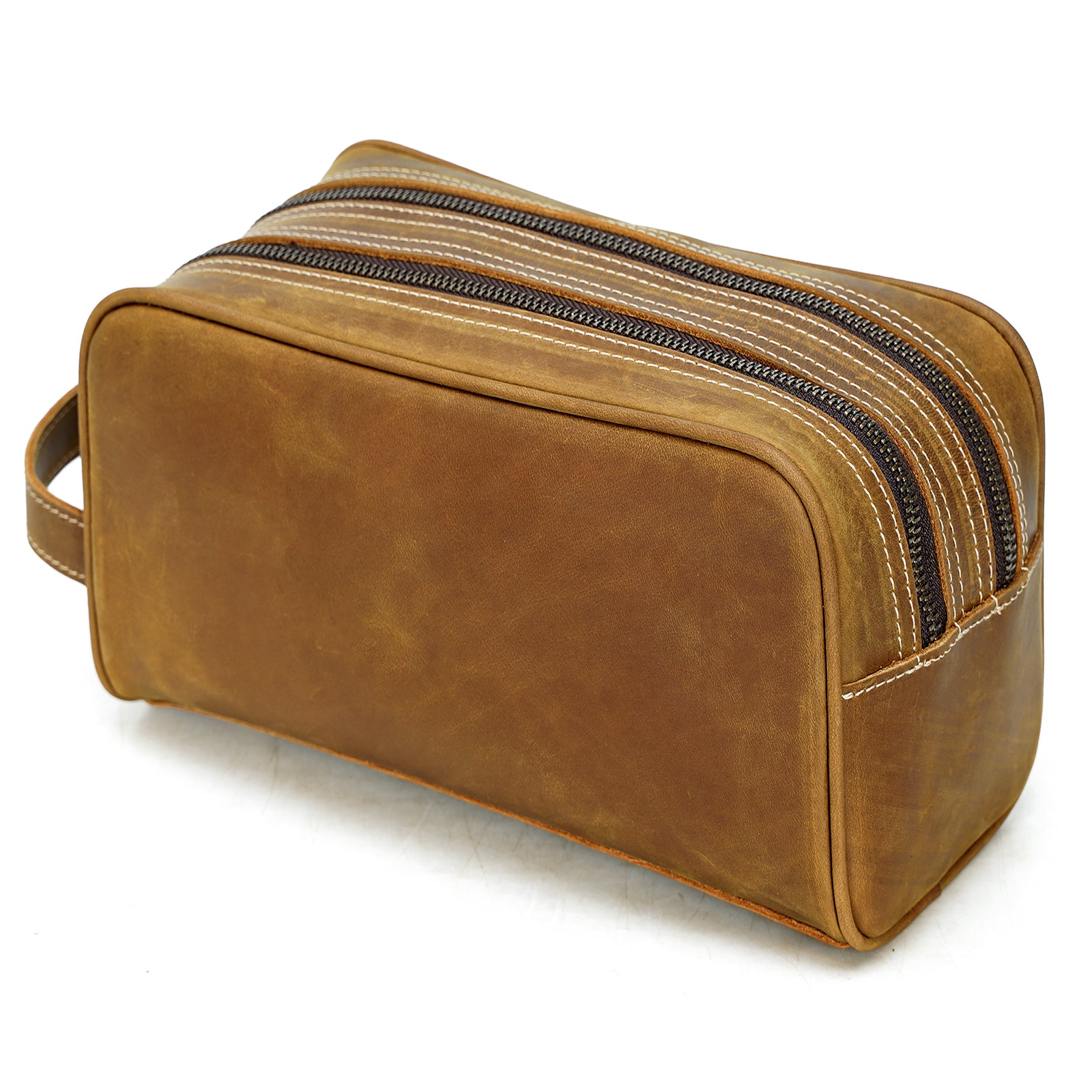 Polare Cowhide Leather Water Resistant Dopp Kit Shaving Travel Case Toiletry Bag (Brown)