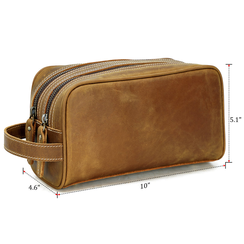 Polare Cowhide Leather Water Resistant Dopp Kit Shaving Travel Case Toiletry Bag (Brown,Dimension)