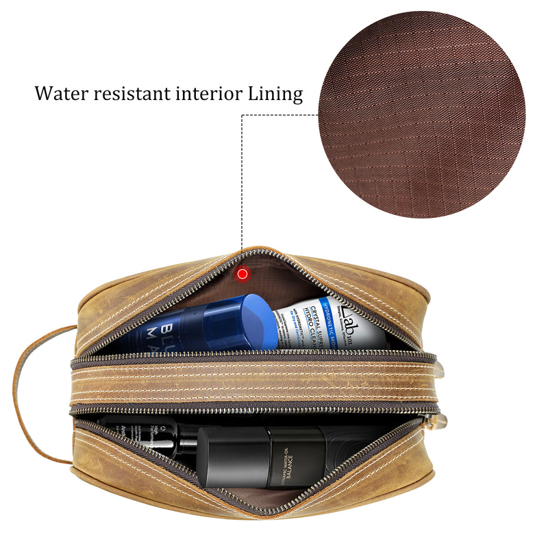 Polare Cowhide Leather Water Resistant Dopp Kit Shaving Travel Case Toiletry Bag (Brown,Inside)