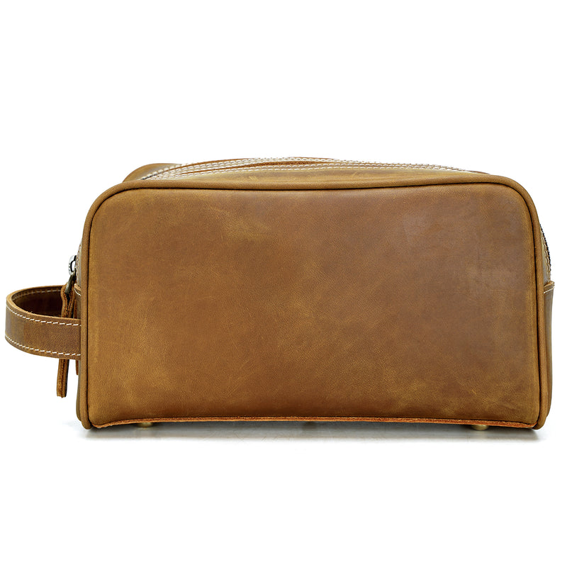 Polare Cowhide Leather Water Resistant Dopp Kit Shaving Travel Case Toiletry Bag (Brown,Front)