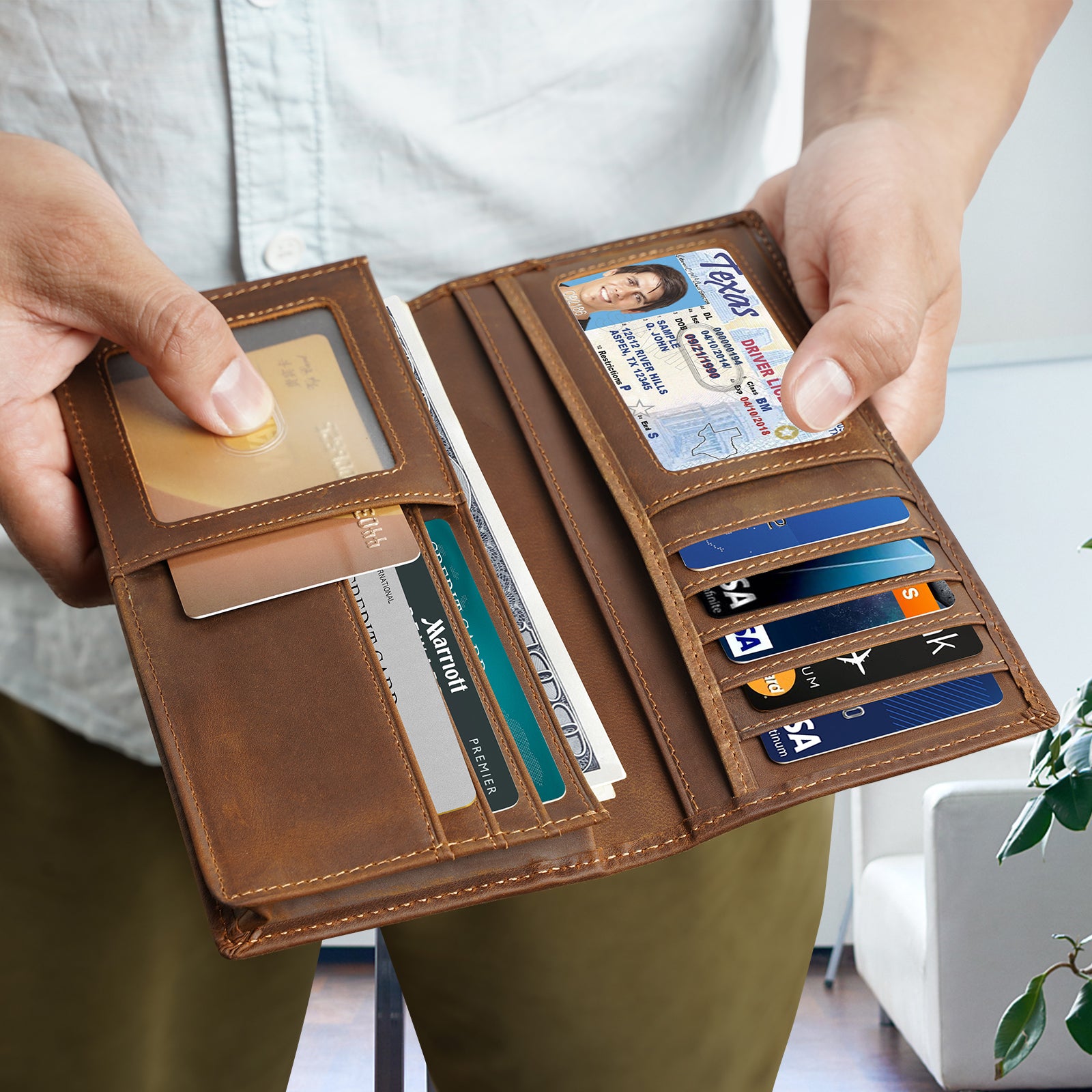 Polare Leather Checkbook Holder Long Bifold Wallet (Model Display)