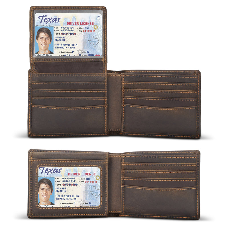 Polare Cowhide Leather Bifold Wallet with 2 ID Windows (Dark Brown, Inside)