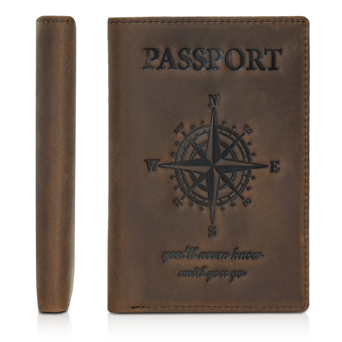 Dark Brown Leather Passport Wallet with Vintage Compass-Embossed Cover