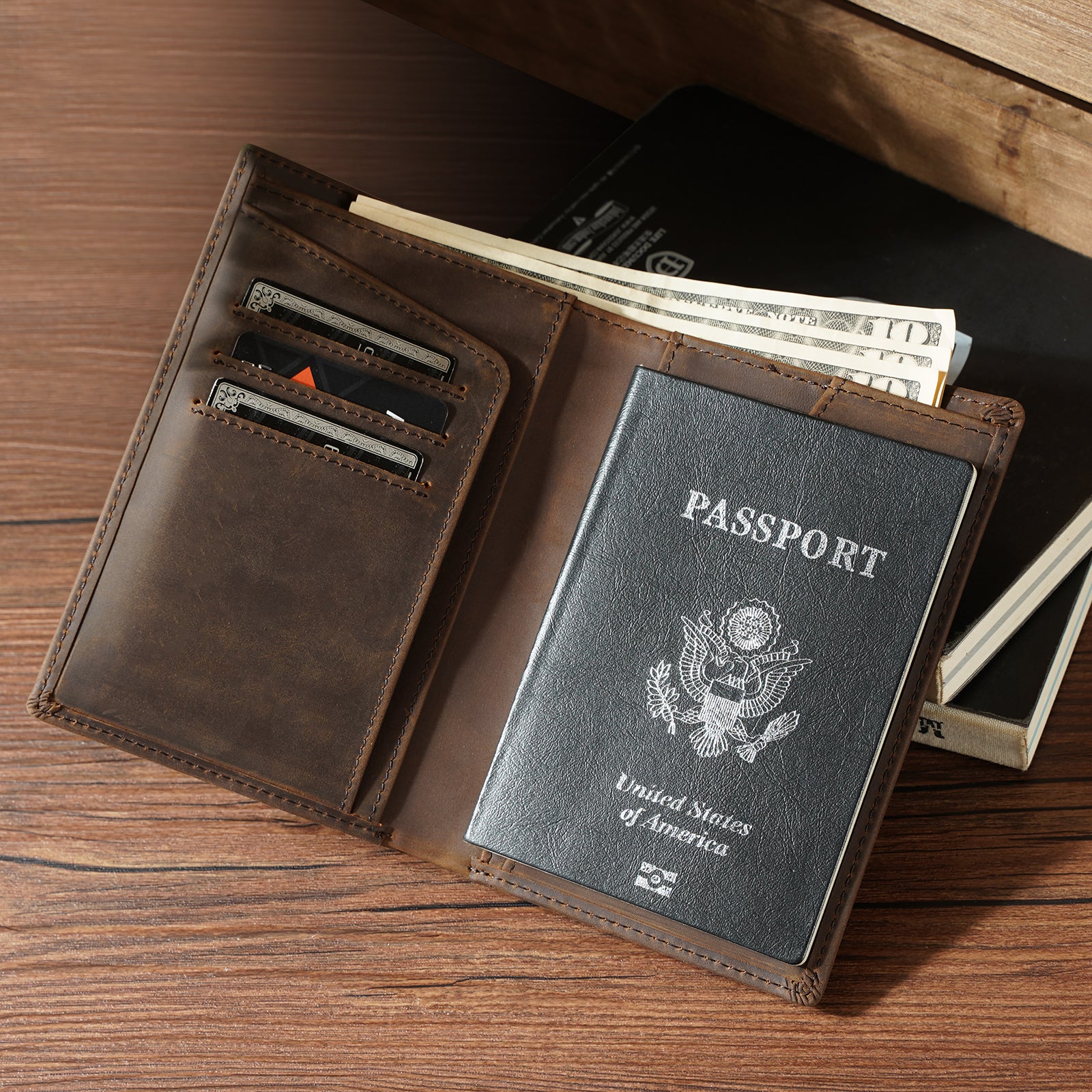 Polare RFID Blocking Leather Passport Holder Travel Bifold Wallet (Dark Brown,Scenario Shows)