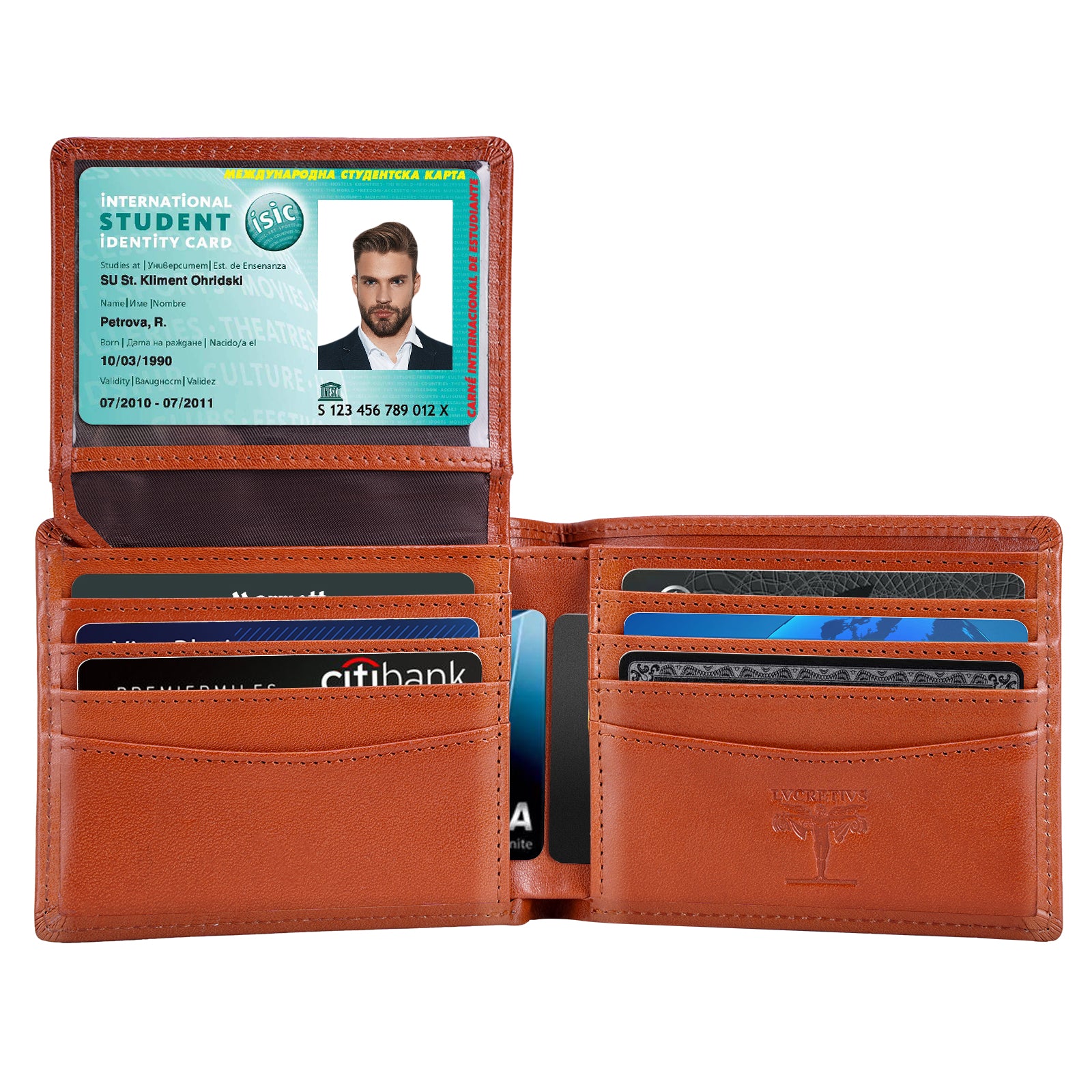 LVCRETIVS Vegetable Tanned Full Grain Leather RFID Blocking Bifold Wallet (Reddish Brown)