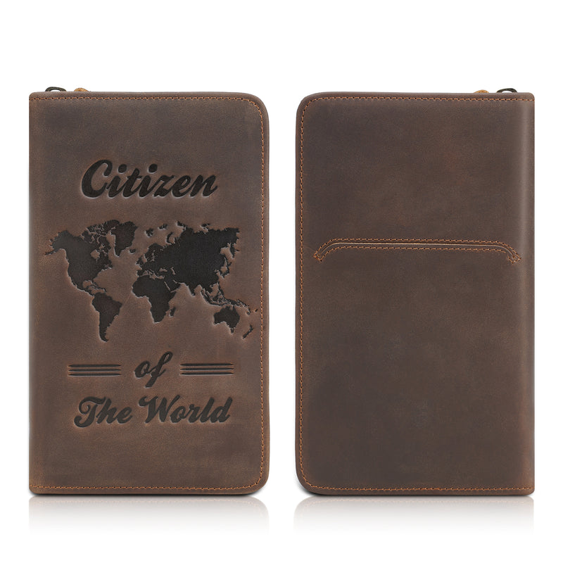 Polare Full Grain Leather Passport Holder Cover Case for Men RFID Blocking Travel Wallet Holds 4 Passports (World Map)