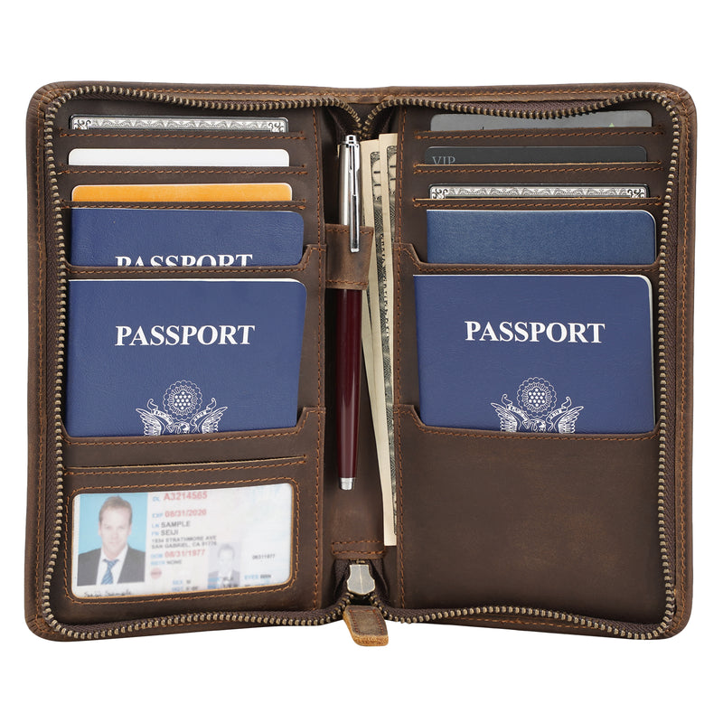 Polare Full Grain Leather Passport Holder Cover Case for Men RFID Blocking Travel Wallet Holds 4 Passports (World Map)