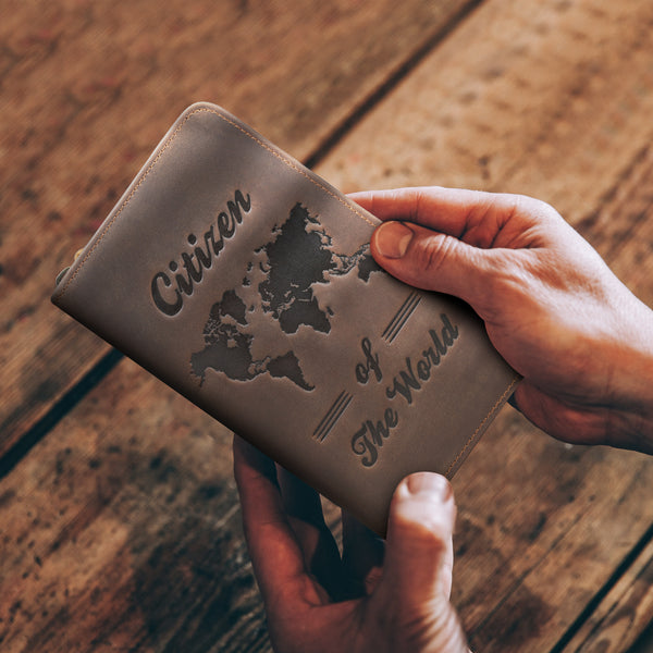 Polare Full Grain Leather Passport Holder Cover Case for Men RFID Blocking Travel Wallet Holds 4 Passports (World Map)