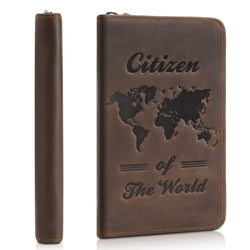 Polare Full Grain Leather Passport Holder Cover Case for Men RFID Blocking Travel Wallet Holds 4 Passports (World Map)