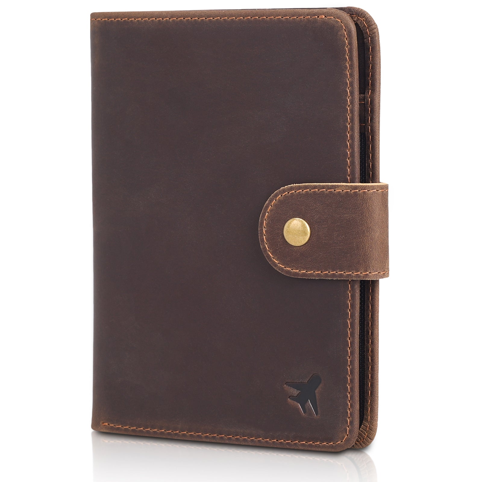 Polare Full Grain Leather Snap Bifold Travel Passport Holder (Dark Brown)