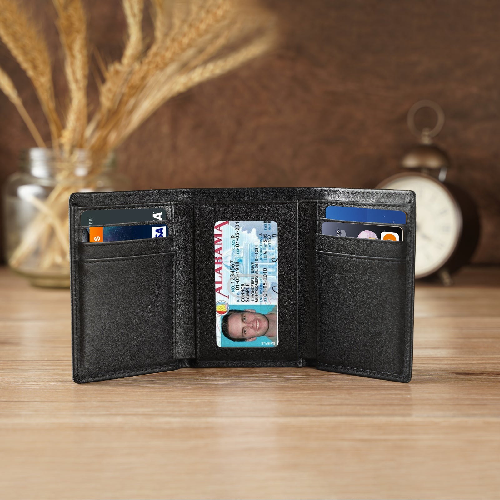 Small Men's Leather Trifold Wallet - 12 Card Slots - RFID Blocking