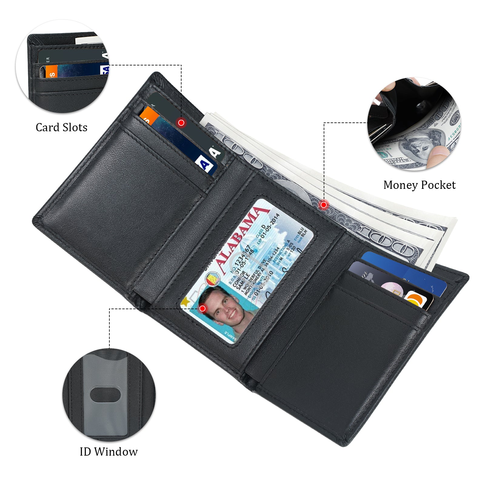 Polare Full Grain Leather Tri-fold Wallet for Men RFID Blocking Wallet (Inside)
