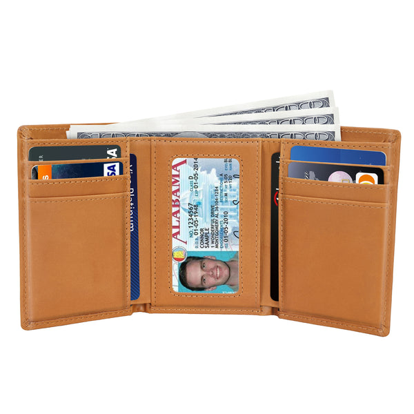 Polare Full Grain Leather Tri-fold Wallet for Men RFID Blocking Wallet (Brown)