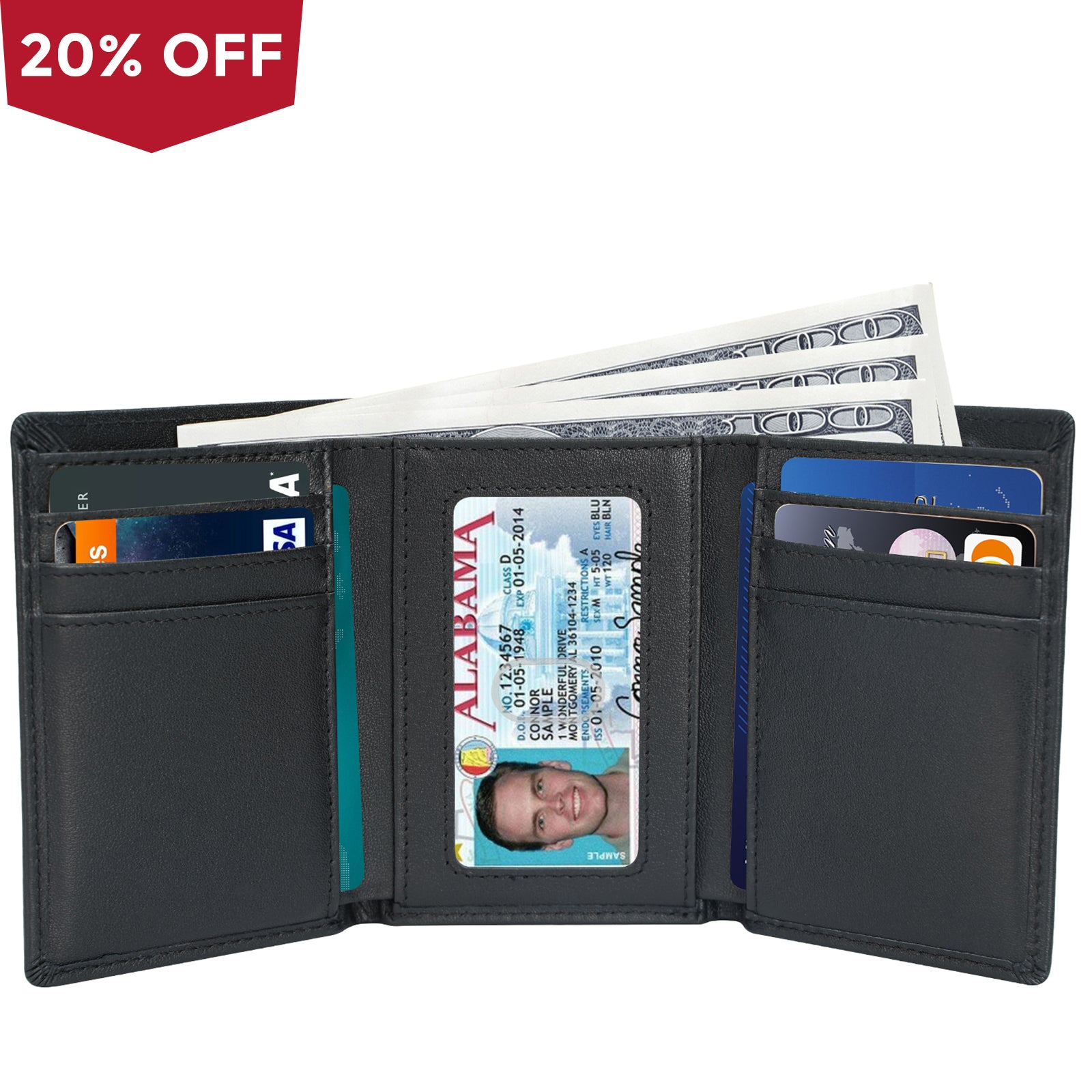 Polare Full Grain Leather Tri-fold Wallet for Men RFID Blocking Wallet (Black)