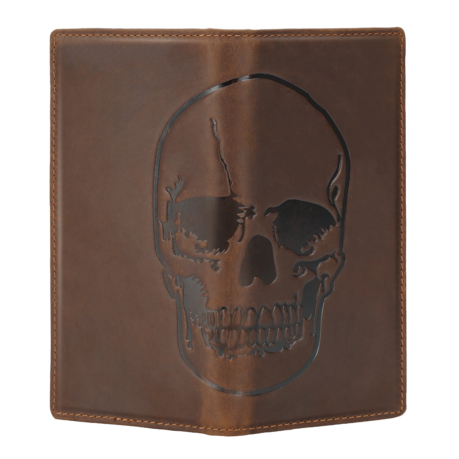 Polare Vintage Skull Long Bifold Wallet for Men Full Grain Leather RFID Blocking Credit Cards Checkbook Holder