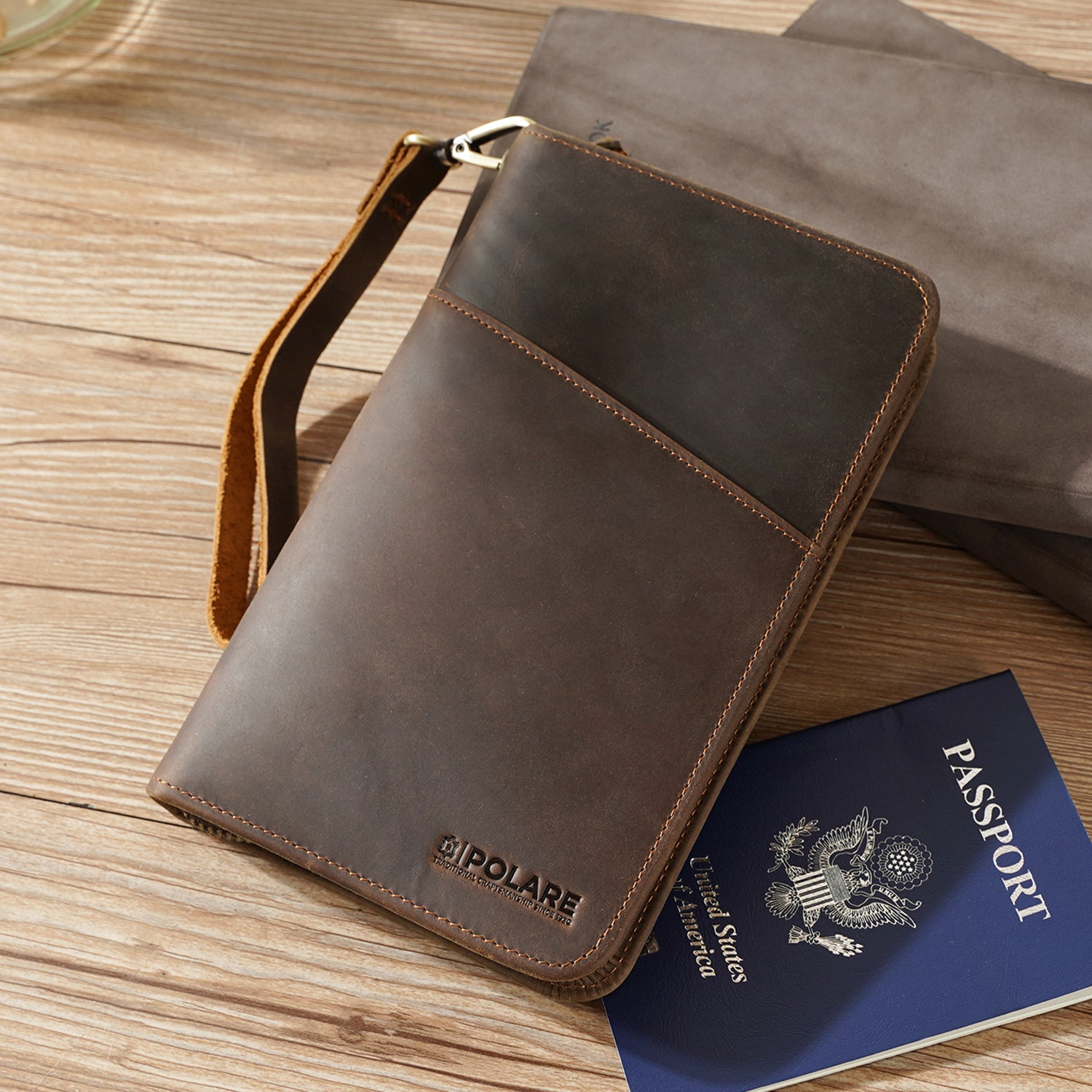 Polare Full Grain Leather RFID Blocking Family Travel Wallet Holds 6 Passports (Scenario Shows)