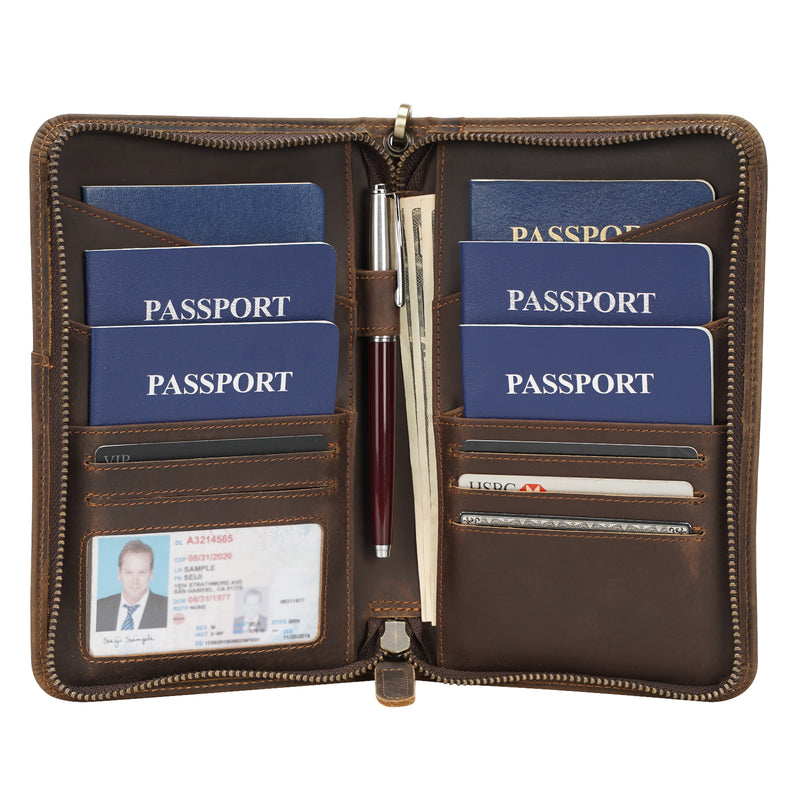 Polare Full Grain Leather RFID Blocking Family Travel Wallet Holds 6 Passports (Inside)