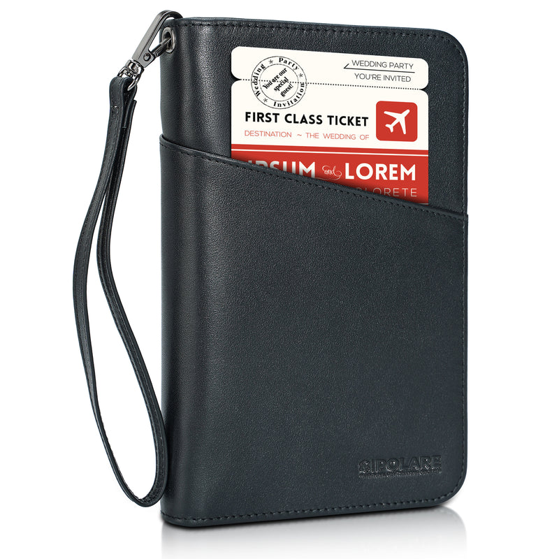 Polare Full Grain Leather RFID Blocking Family Travel Wallet Holds 6 Passports (Black)
