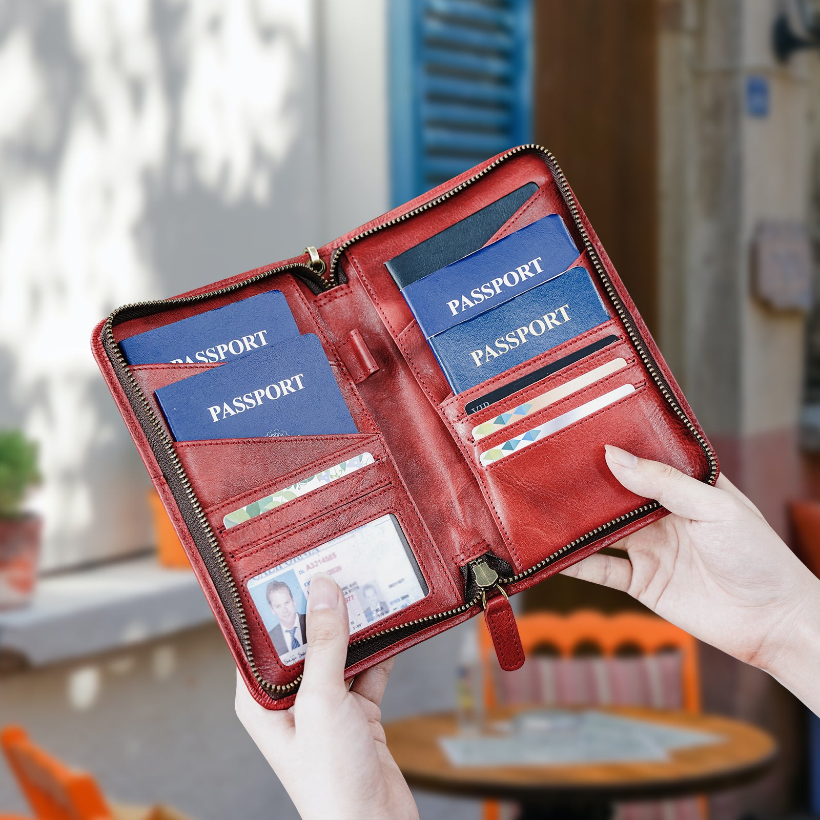Polare Full Grain Leather RFID Blocking Family Travel Wallet Holds 6 Passports (Scenario Shows)