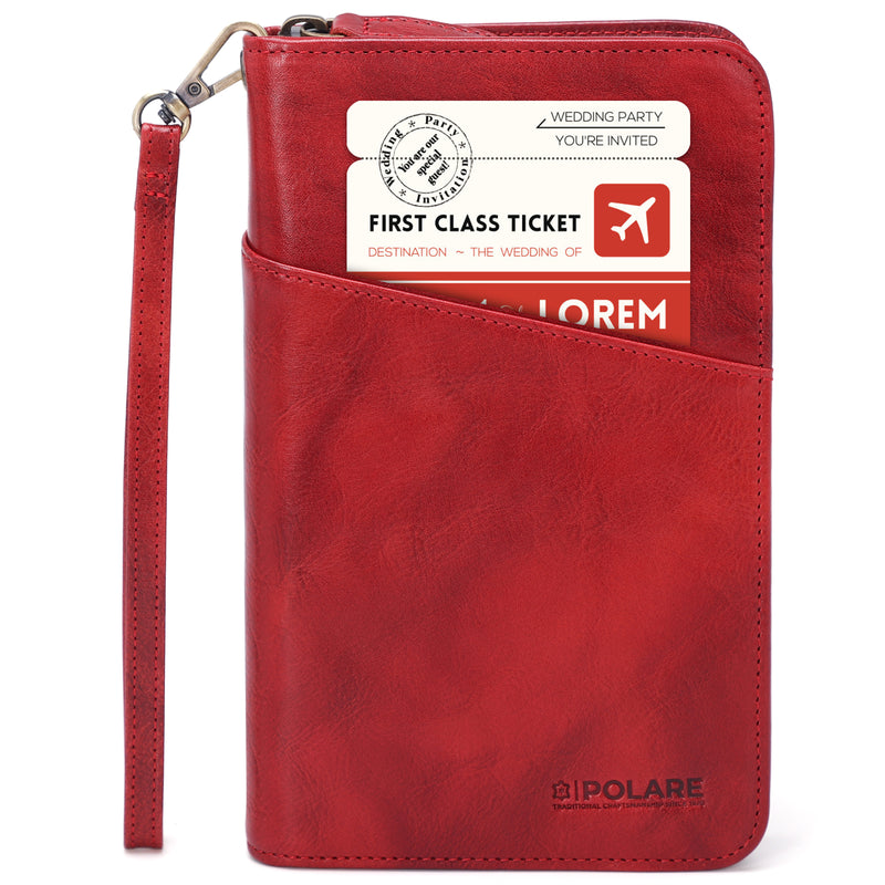 Polare Full Grain Leather RFID Blocking Family Travel Wallet Holds 6 Passports (Red)