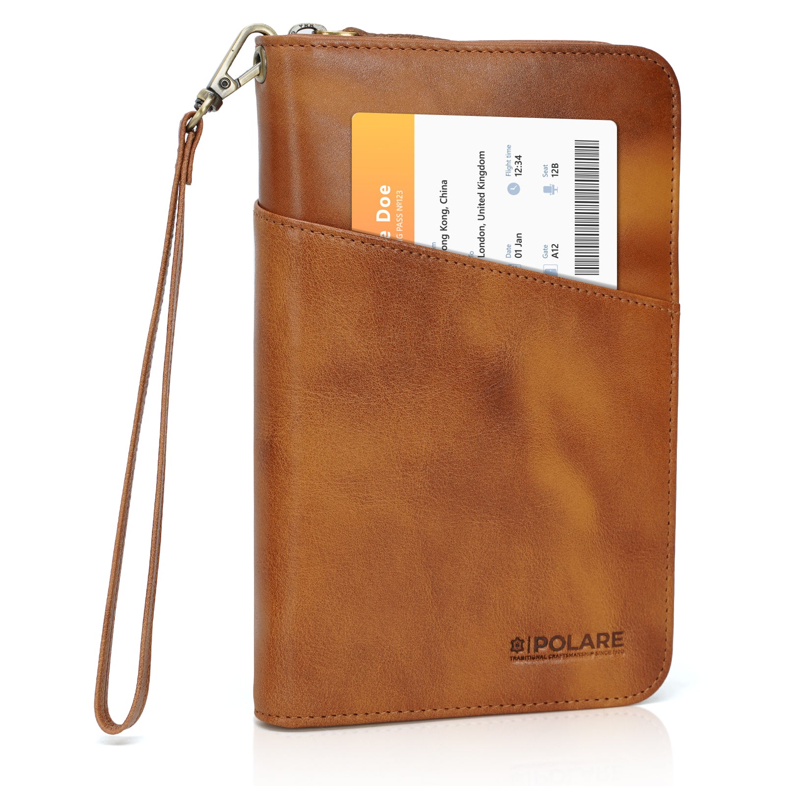 Polare Full Grain Leather RFID Blocking Family Travel Wallet Holds 6 Passports (Brown)