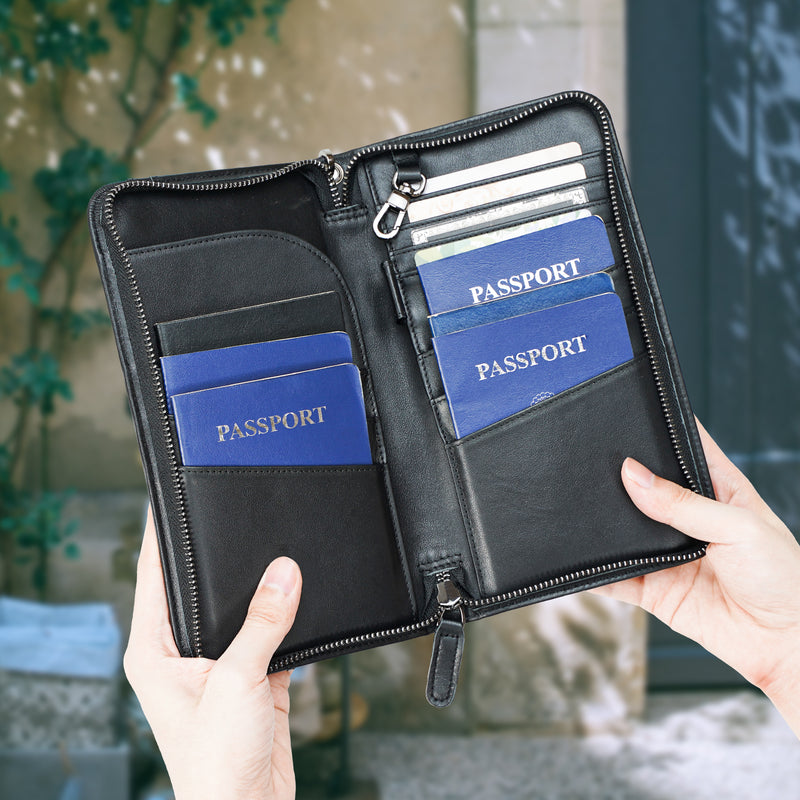 Full Grain Leather Family Travel RFID Blocking Passport Wallet (Scenario Shows)