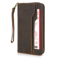 Full Grain Leather Family Travel RFID Blocking Passport Wallet (Dark Brown)