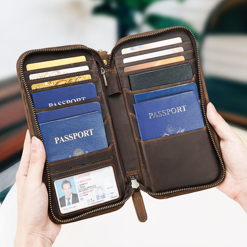 Full Grain Leather Family Travel Passport Wallet Fits 6 Passports (Model Display)