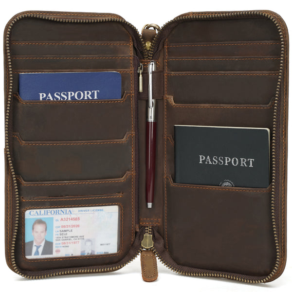 Full Grain Leather Family Travel Passport Wallet Fits 6 Passports