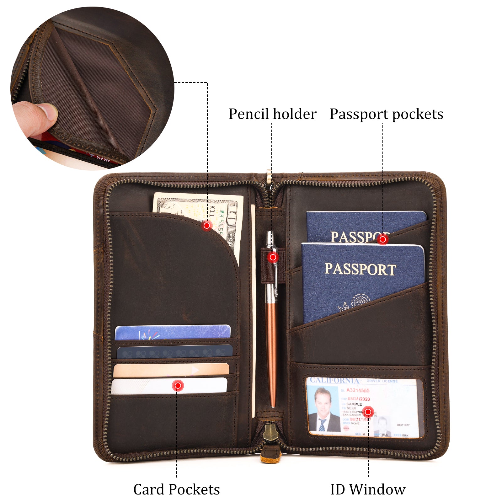 Full Grain Leather Passport Ticket Holder Case Holds 2 Passports (Dark Brown,Inside)