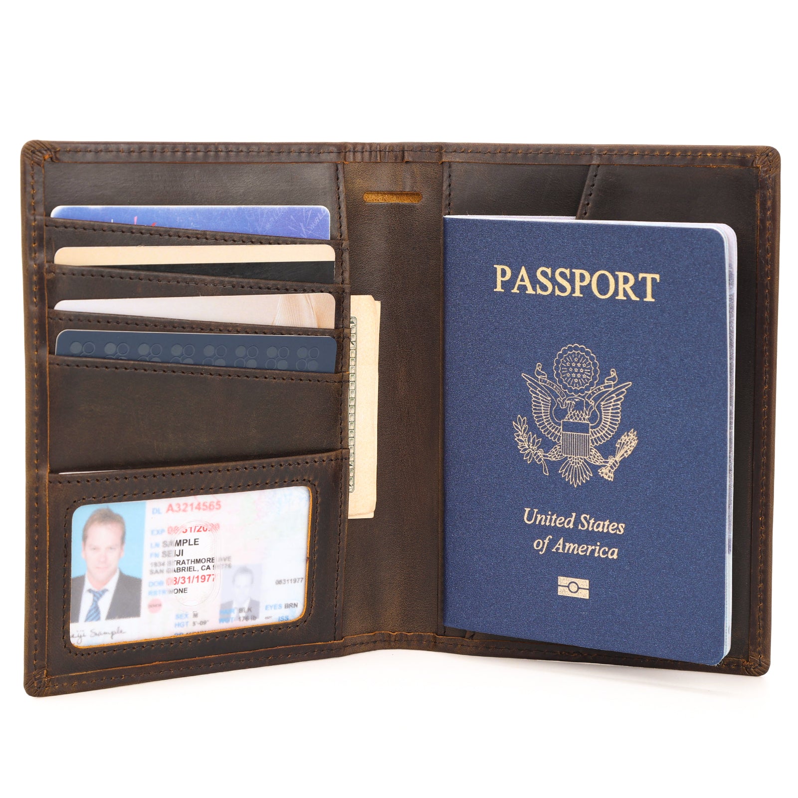 Full Grain Leather Travel Bifold Functional Wallet (Inside)