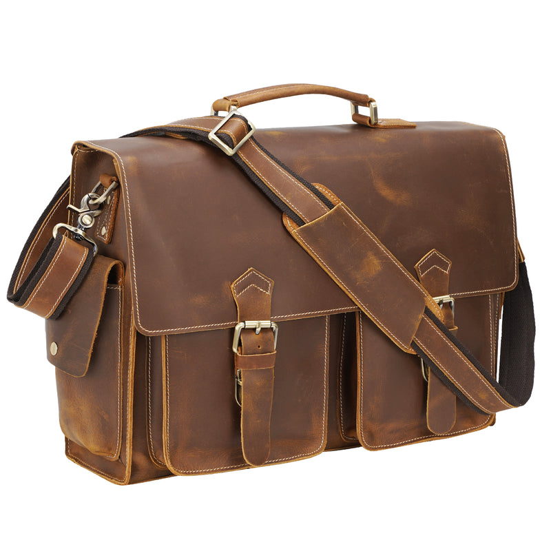 Polare Mens Leather Laptop Briefcase Business Messenger Bag (Light Brown)