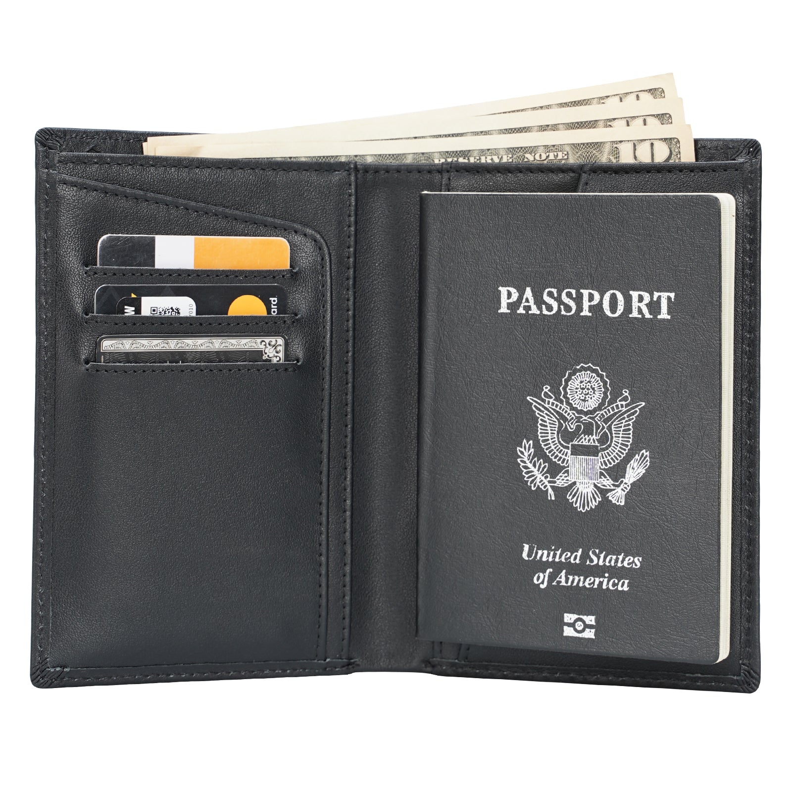 Polare RFID Blocking Leather Passport Holder Travel Bifold Wallet (Black)