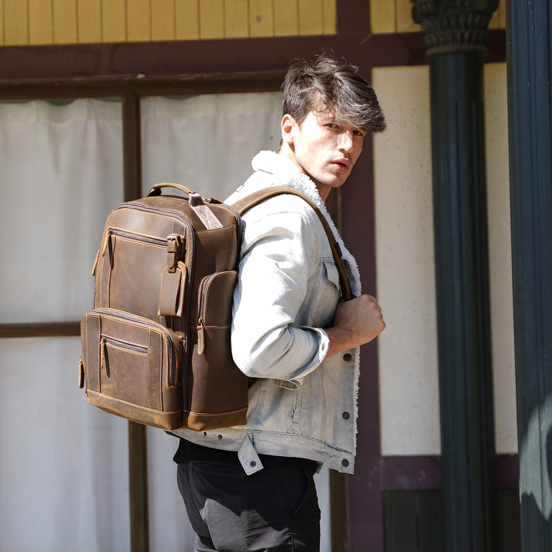 Polare Vintage Full Grain Leather 15.6 Inch Laptop Backpack For Men Camping Travel Daypack Rucksack