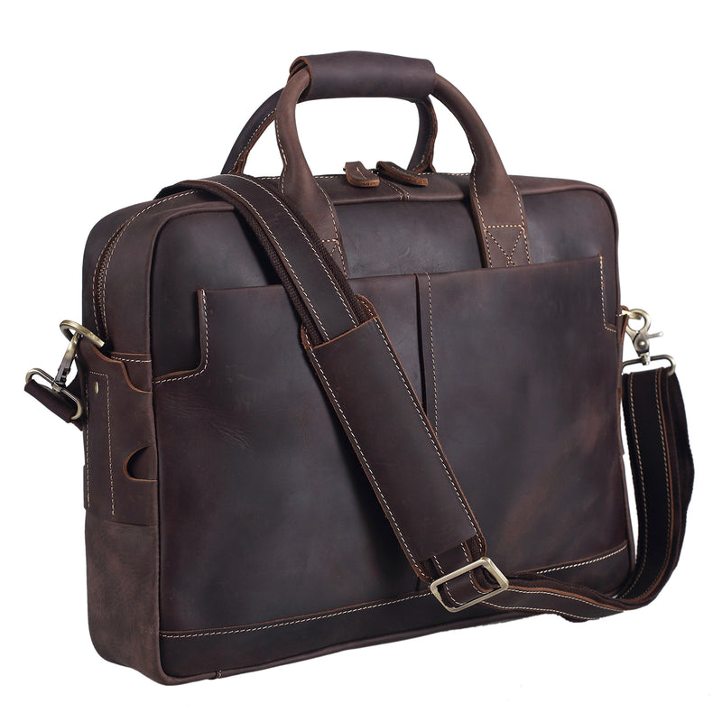 Polare Thick Authentic Genuine Leather 16'' Laptop Case Bag Briefcase (Dark Brown)